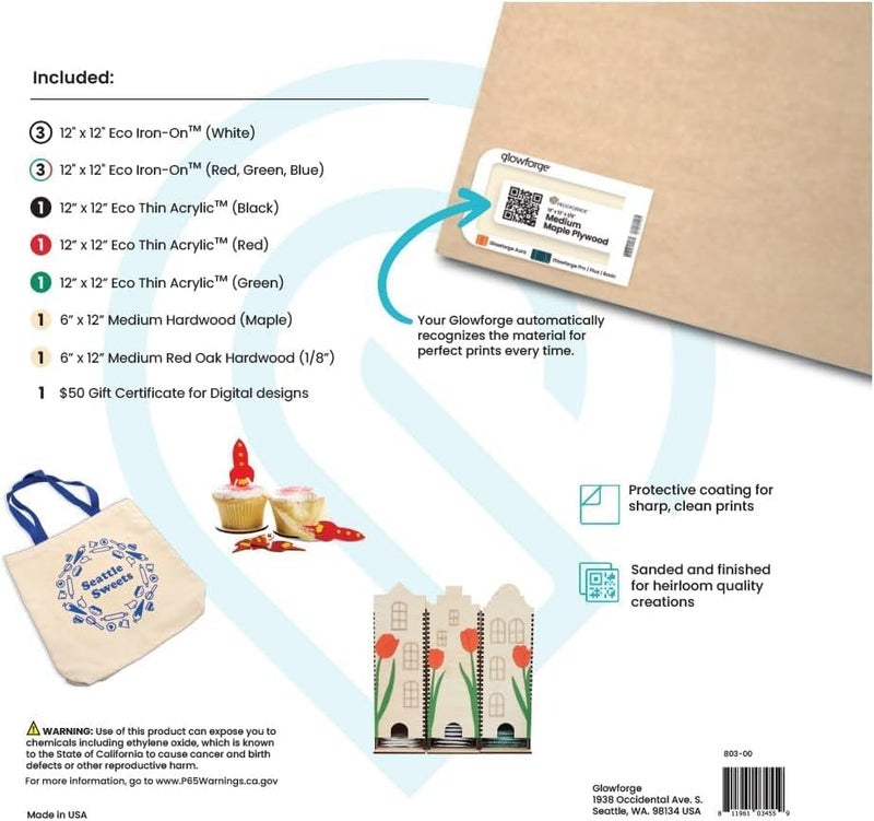Glowforge Proofgrade Laser Engraver Essentials Bundle - Eco Iron-on Heat Transfer Sheets, Acrylic, and Hardwood - 11 Pieces Total - Image 3